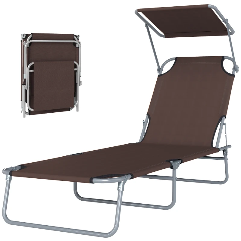 Outsunny Transat Bain de Soleil Pliable Chaise Longue Pliante Grand Confort Dossier Inclinable Multi-positions et Pare-Soleil réglable Dim. 187L x 58l x 36H cm chocolat