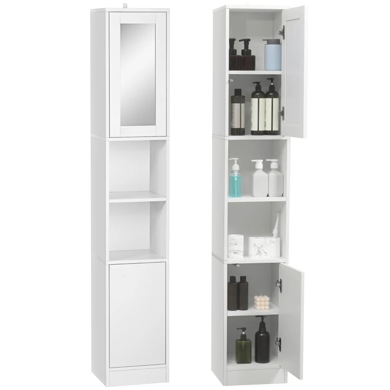 kleankin Armoire salle de bain haute, meuble de rangement colonne avec miroir, 2 portes, étagères réglables, 30x28x170cm, blanc