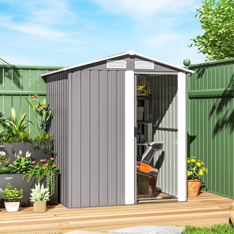 Outsunny Garden Metal Tool Storage Shed with Sliding Door, Sloped Roof and Foundation Kit, 152 x 132 x 188cm, Grey