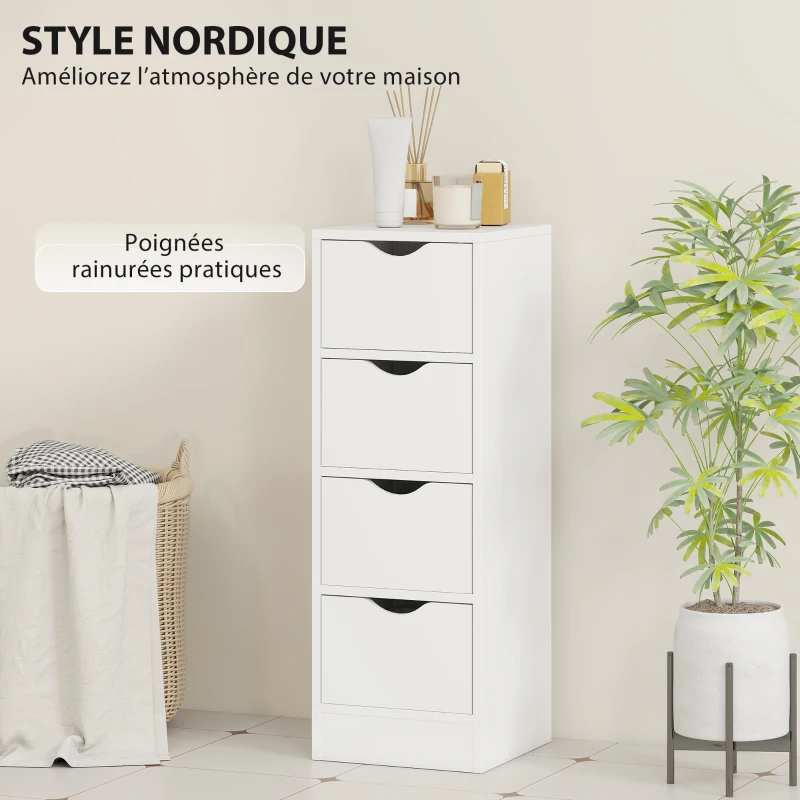 HOMCOM Meuble de salle de bain, meuble de rangement avec 4 tiroirs et poignées en rainure, 29 x 29 x 83 cm, blanc