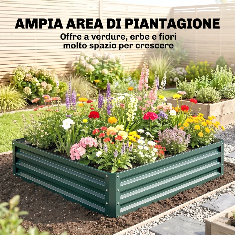 Outsunny Letto per Orto Rialzato a Fondo Aperto con Rivestimento, in Acciaio Zincato, 120x120x30 cm, Verde