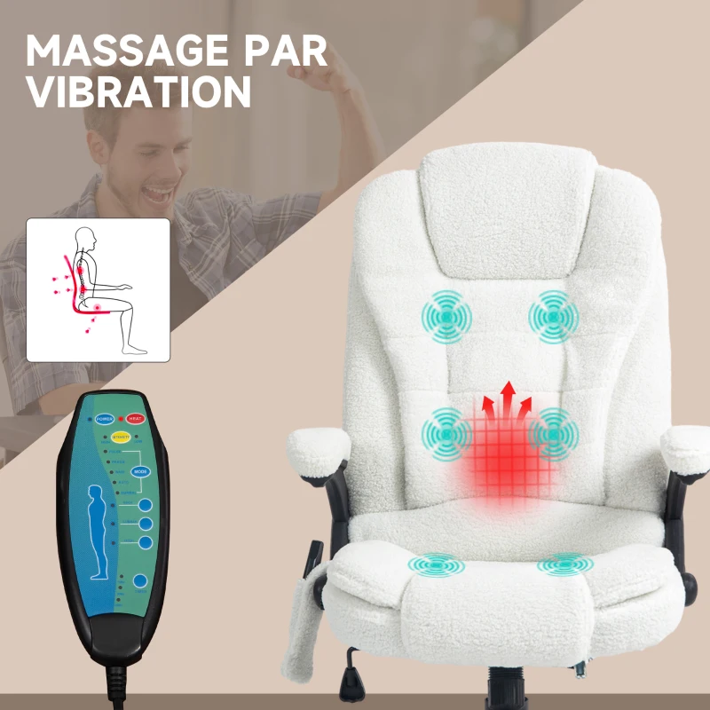 Vinsetto Fauteuil de bureau massant et chauffant hauteur réglable, dossier inclinable et télécommande filaire, pivotant à 360°
