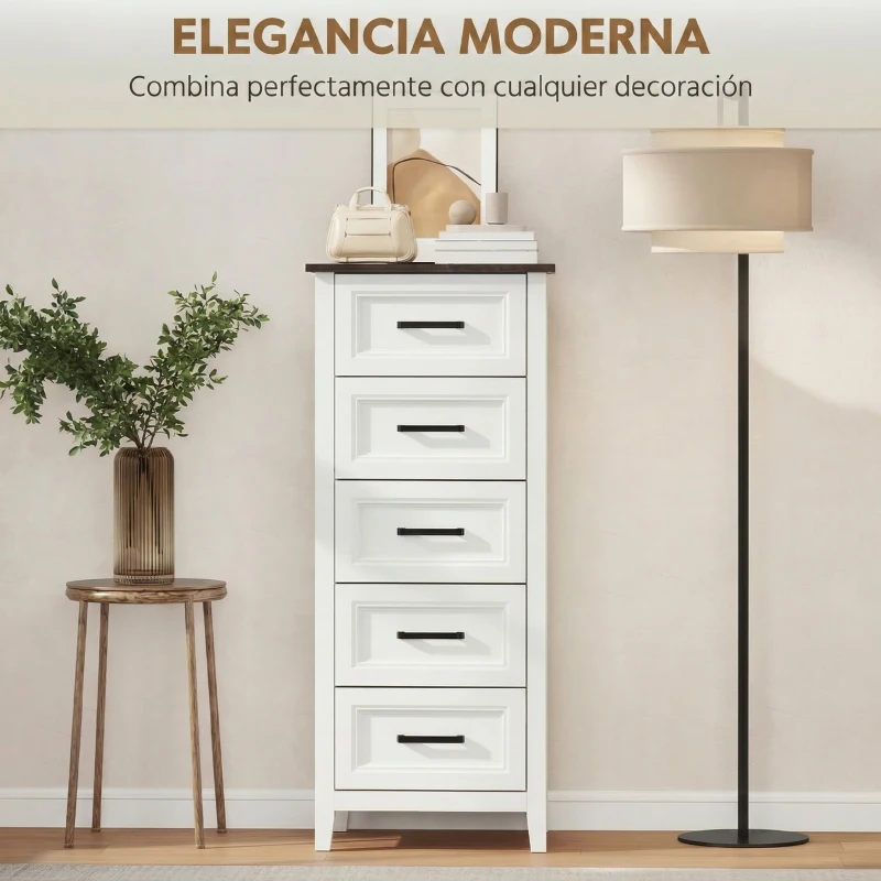 HOMCOM Cómoda Dormitorio Estrecho y Alto con Encimera Efecto Madera Cajonera para Espacios Pequeños 45x35x106 cm Blanco
