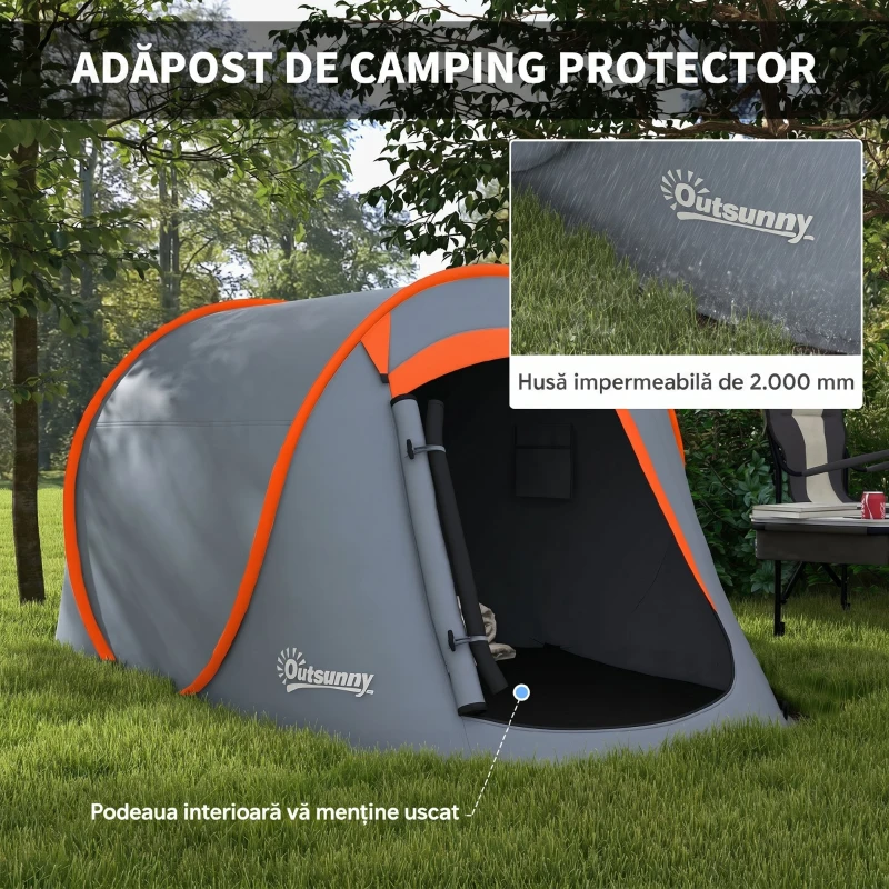 Outsunny Cort de Camping Pop-Up Impermeabil cu Accesorii și Geantă de Transport, 245x148x105 cm, Gri