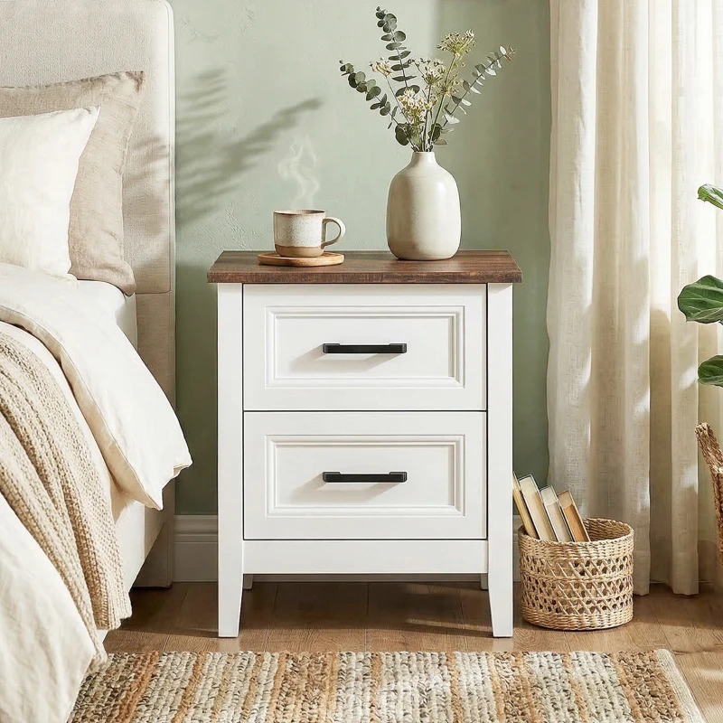 HOMCOM Table de chevet, table de nuit avec 2 tiroirs, plateau effet bois, style rustique, pour chambre à coucher, salon, blanc