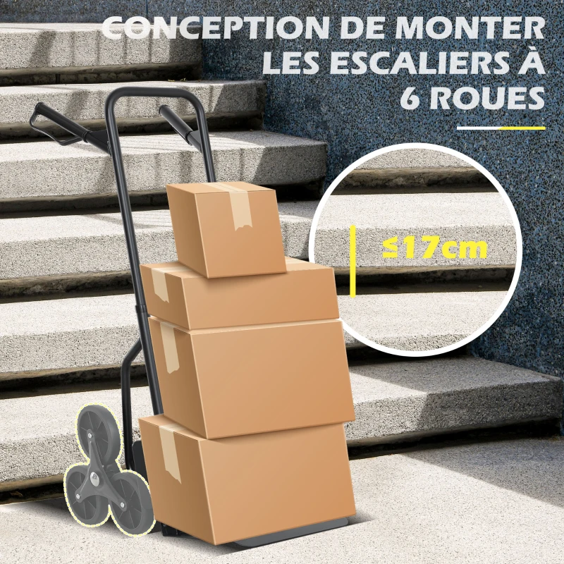 DURHAND Diable d'escalier pliable 120 kg 6 roues, diable demenagement en acier avec cordes télescopiques, 44x67x106,5cm, noir
