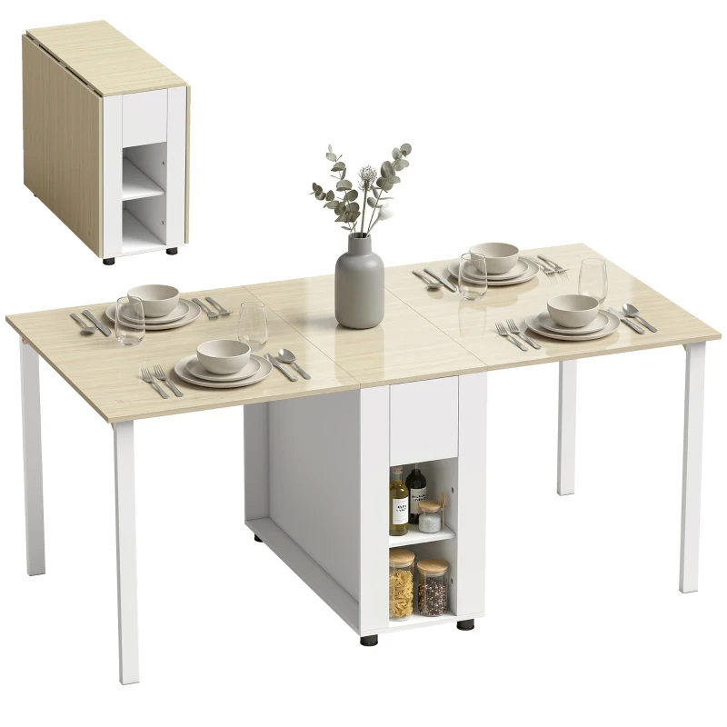 HOMCOM Mesa de Cocina Plegable para 6 Personas con Alas Abatibles Cajón Estantes Abiertos 168,2x85x73 cm Blanco