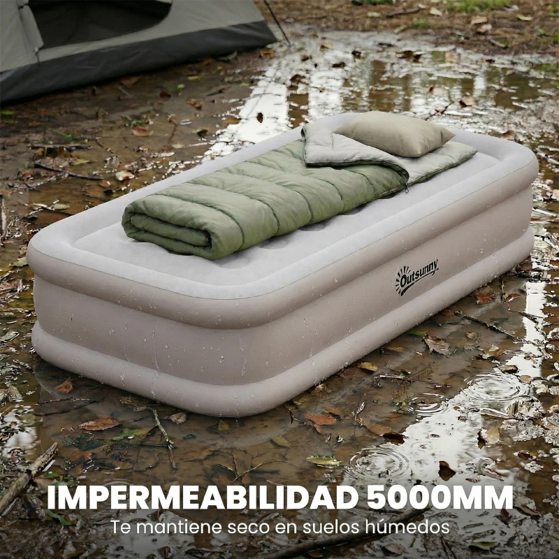 Outsunny Colchón Hinchable Individual Plegable con Bomba Inflado 3 Min Desinflado 2 Min Bolsa Carga 200 kg 190x97x39 cm Caqui