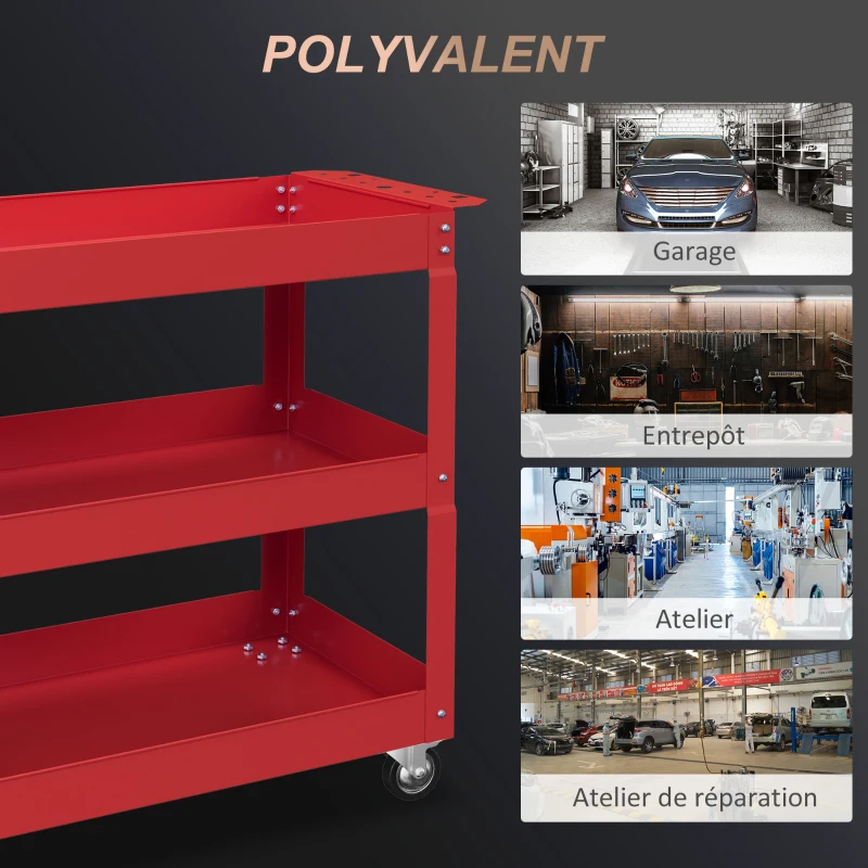 DURHAND Chariot desserte d'atelier acier 3 plateaux sur roulettes avec poignée charge max. 150 kg 83 x 35,3 x 76 cm acier rouge