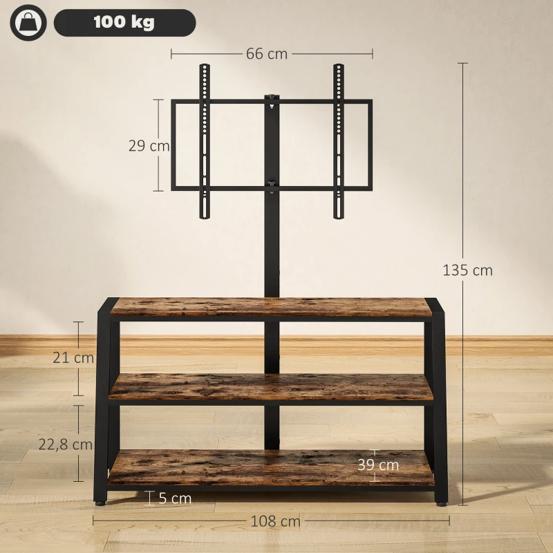 HOMCOM Meuble TV avec support pour téléviseurs de 32-70 pouces, étagères ouvertes, angle ajustable 35°, 108x41x135cm, marron