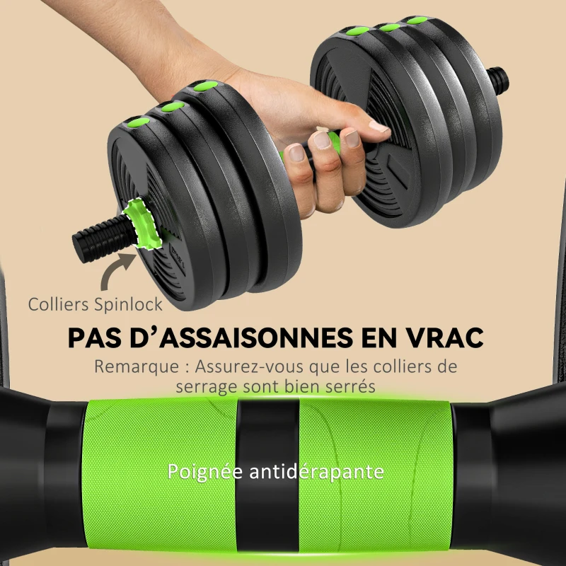 SPORTNOW Kit haltères musculation haltères réglables 20 kg 3 en 1, ensemble de poids réglable avec barre d'extension noir