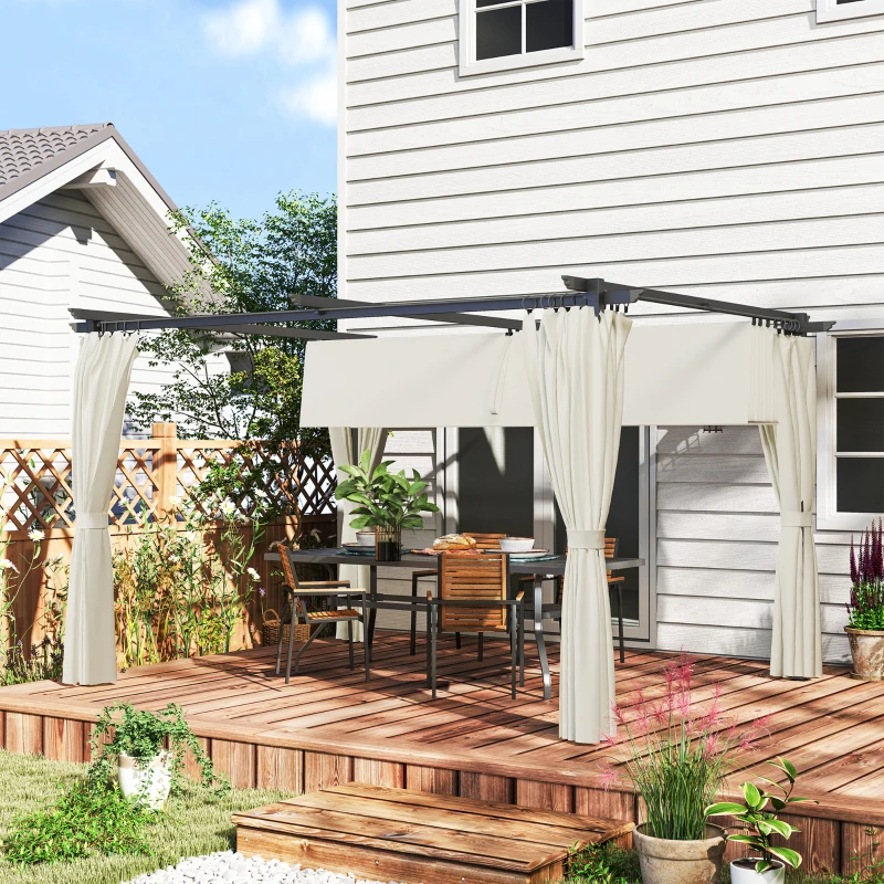 Outsunny Pergola 3 x 3 m avec Auvent Rétractable et Rideaux, Abri de Soleil UPF30+ pour Jardin, Terrasse, Extérieur