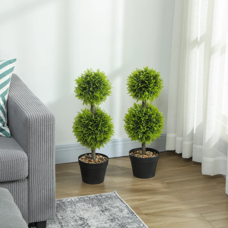 HOMCOM Lot de 2 plantes artificielles décoratives, boules de buis artificiel 60 cm avec pot, plastique, vert