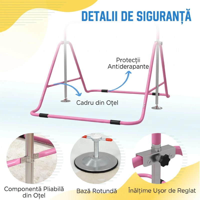 HOMCOM Bară de tracțiuni pliabilă pentru copii 3-8 ani, cu înălțime reglabilă din oțel, 154x106.2x88.5-128.5cm, roz
