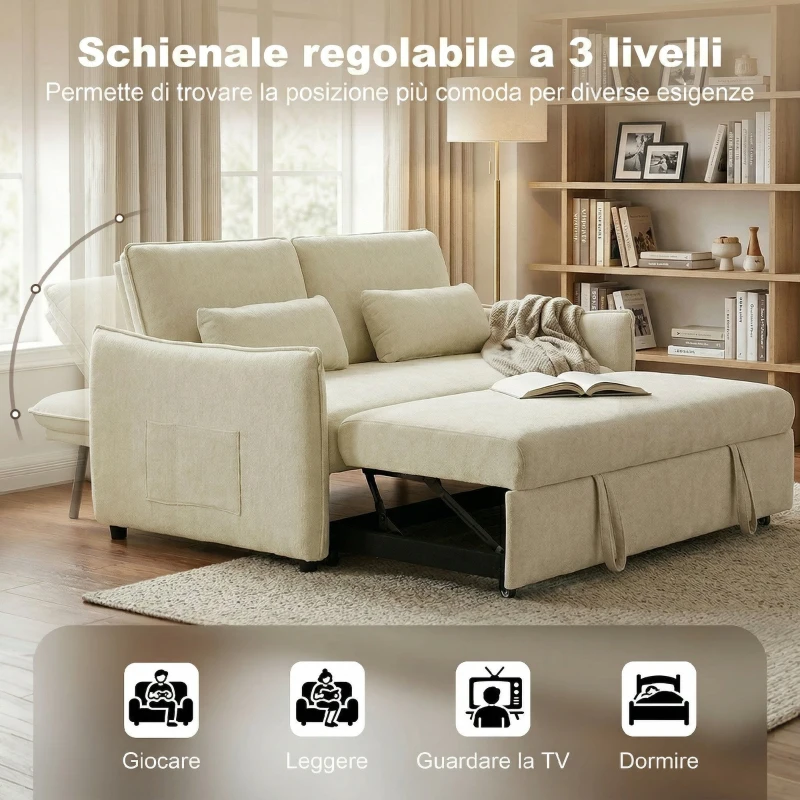HOMCOM 3 in 1 Divano Letto 2 Posti con Schienale Regolabile in 3 Posizioni con 2 Cuscini, in Ciniglia, Beige