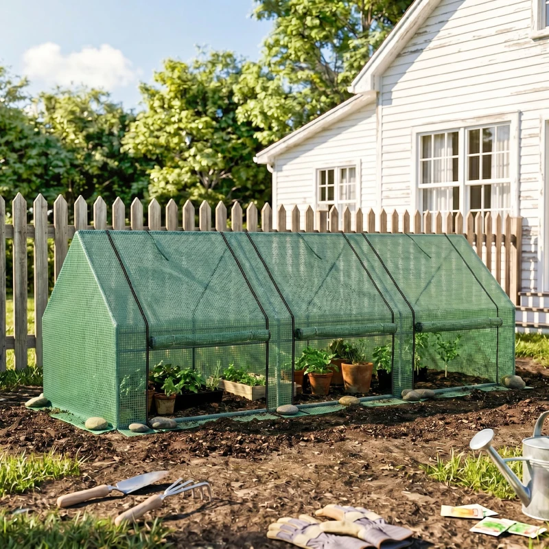 Outsunny Invernadero de Exterior Invernadero de Jardín 270x90x90 cm Tipo Caseta con 3 Ventanas Marco de Acero y Cubierta de PE 140g/㎡ para Cultivo Plantas Flores Tomates Verde