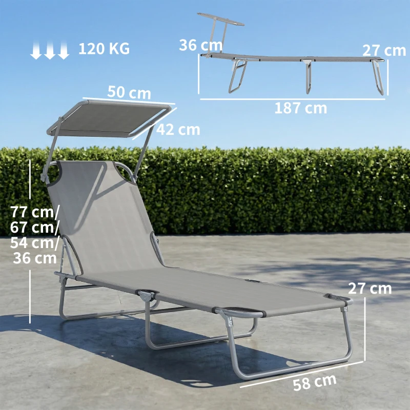 Outsunny Transat bain de soleil pliable chaise longue pliante dossier inclinable multi-positions 187 x 58 x 36 cm gris clair