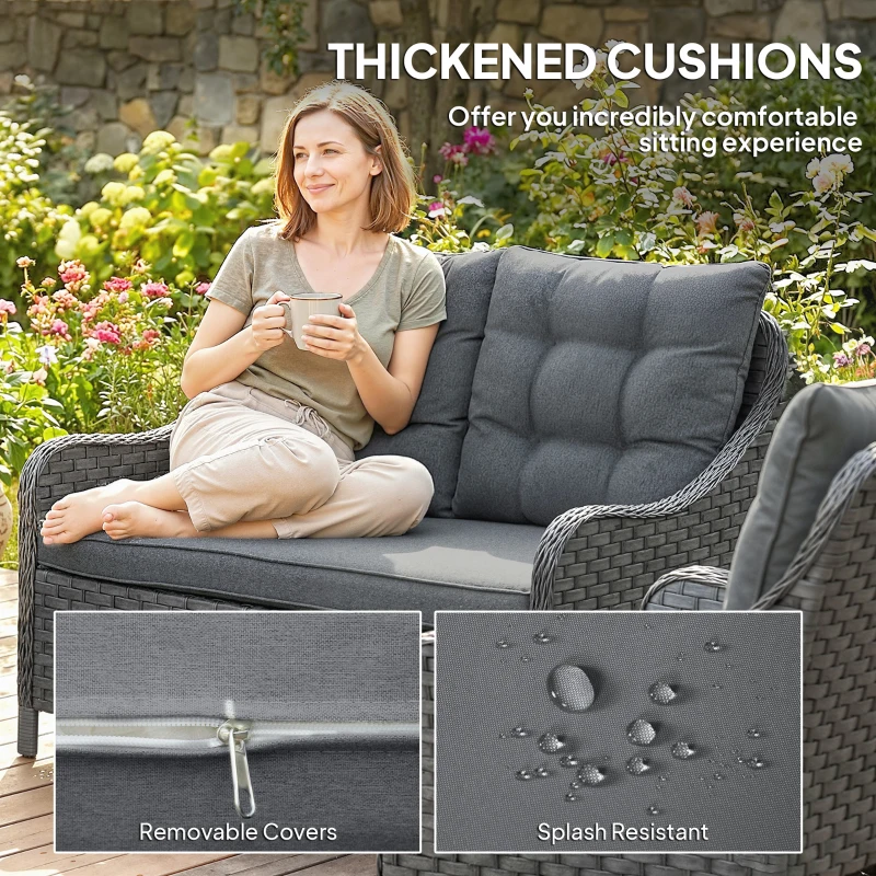 Outsunny 4-Piece Wicker Patio Furniture Set with 2 Armchairs, Loveseat, Glass Coffee Table, Conversation Sofa Set, Dark Grey