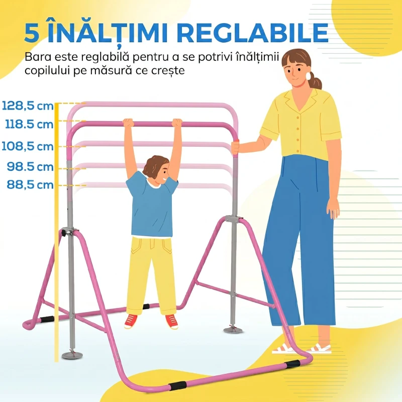 HOMCOM Bară de tracțiuni pliabilă pentru copii 3-8 ani, cu înălțime reglabilă din oțel, 154x106.2x88.5-128.5cm, roz