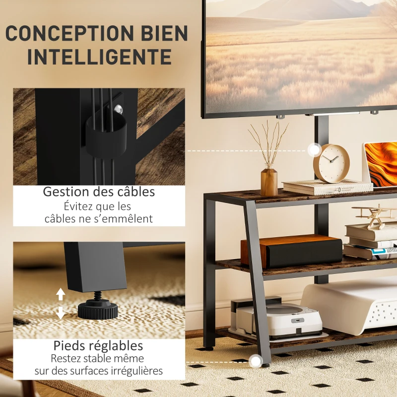 HOMCOM Meuble TV avec support pour téléviseurs de 32-70 pouces, étagères ouvertes, angle ajustable 35°, 108x41x135cm, marron