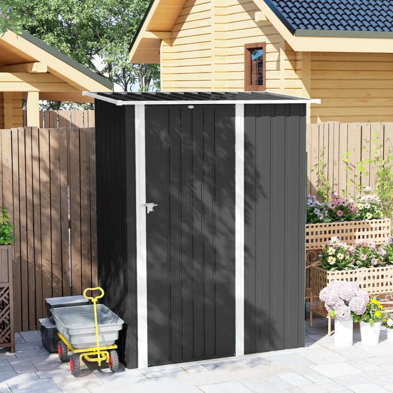 Outsunny Capanno Porta Attrezzi in Metallo con Tetto Inclinato e Porta Bloccabile, 142x86x189 cm, Grigio Scuro