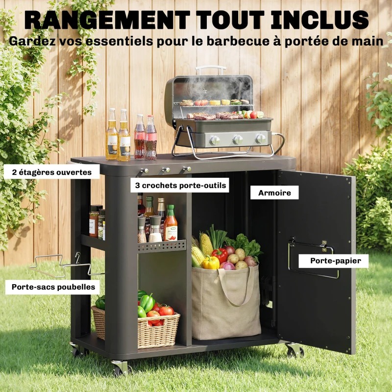 Outsunny Desserte jardin chariot de barbecue sur roulettes avec table latérale pliable placard étagères 166 x 54 x 88 cm noir