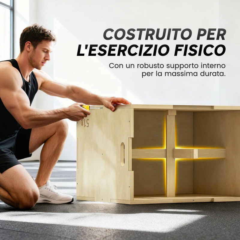 HOMCOM Plyo Box in Legno a 3 Altezze, Jumping Box Pliometrico Capacità 120kg, 61x51x76cm