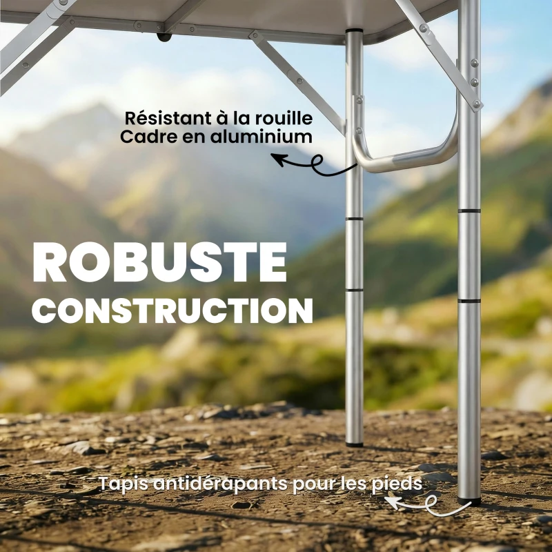 Outsunny Table pliante aluminium, table de camping pliante, poignée 4 hauteurs réglables avec Rangement 60x40x60cm, blanc