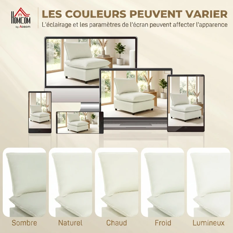 HOMCOM Fauteuil de salon, canapé 1 place moderne sans accoudoirs avec assise large, coussins épais, 146x85x78cm, crème