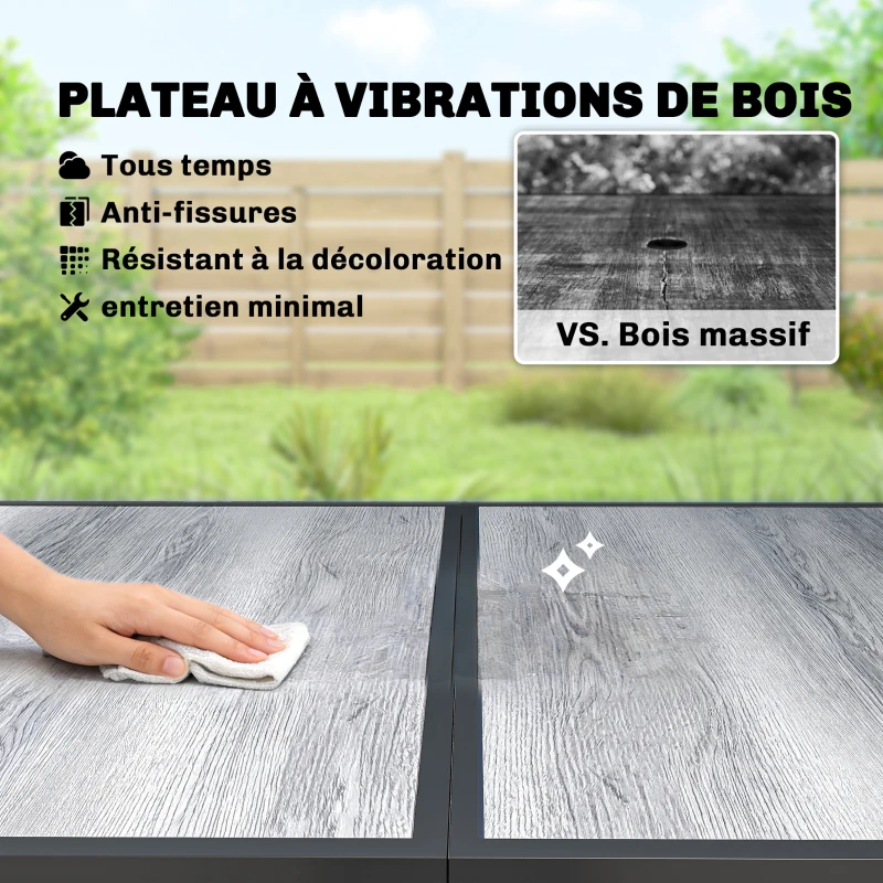 Outsunny Table de jardin pour 4 à 6 personnes, table à manger extérieure avec plateau à effet bois, 150 x 80 x 74 cm, gris