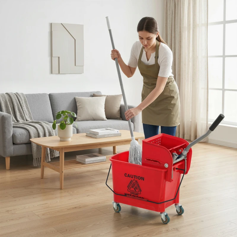 HOMCOM Chariot de ménage chariot de lavage essoreuse latérale seau 20 L, poignée et serpillère, 45 x 26,5 x 70 cm, rouge