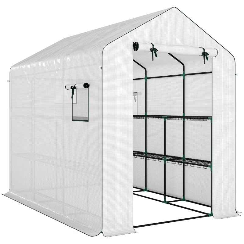 Outsunny Serre de jardin 3 m² avec étagères 3 niveaux, PE renforcée 135 g/m² anti-UV, porte enroulable et fenêtres en maille