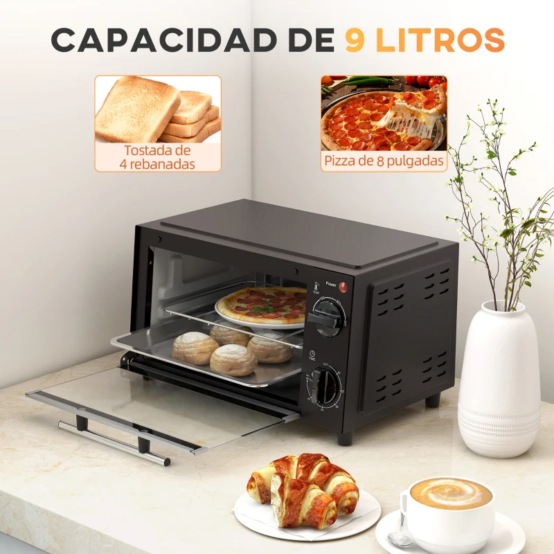 HOMCOM Mini Forno Elétrico 9L com Temperatura Ajustável até 230°C Temporizador 60 min e Bandeja para Assar 35x24,6x20 cm Preto