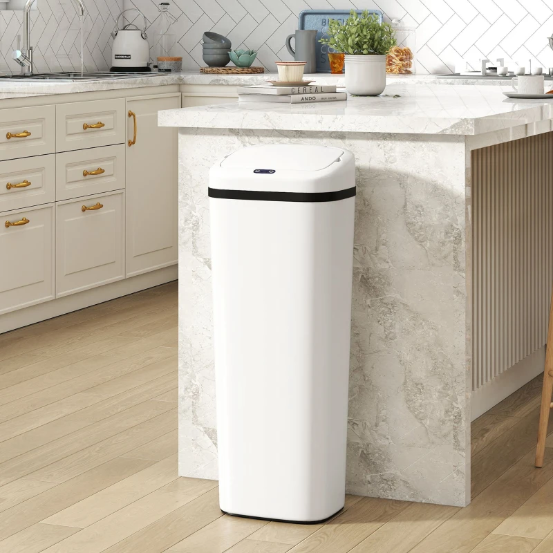 HOMCOM Poubelle cuisine automatique 50L en acier inoxydable, poubelle à capteur de mouvement sans contact, 33x25x84cm, blanc