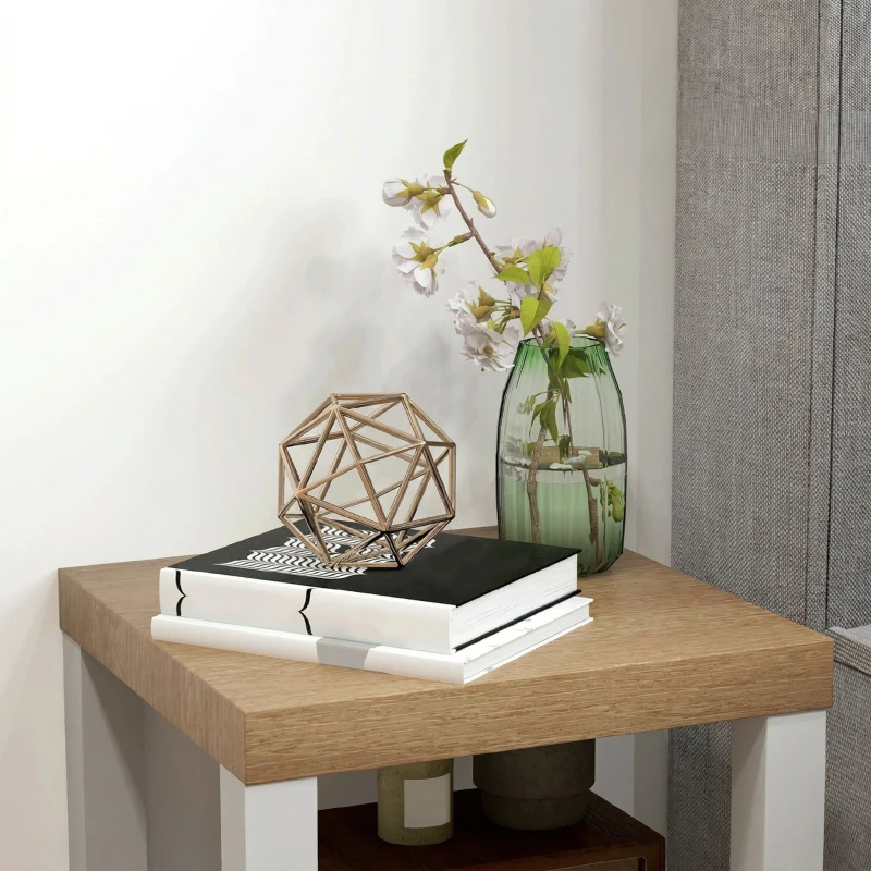 HOMCOM Tavolino Moderno con Mensola Aperta e Ruote, 40x40x40 cm, Legno Naturale e Bianco
