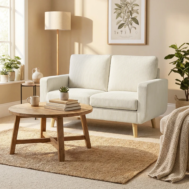 HOMCOM Canapé 2 places en velours côtelé, canapé de salon moderne 134 cm, assise rembourrée, coussin à ressorts, crème