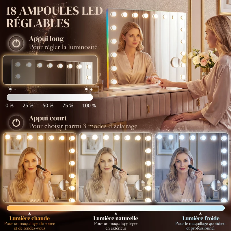 HOMCOM Miroir maquillage Hollywood 18 ampoules LED, 3 couleurs d'éclairage, lumière RGB, haut-parleur Bluetooth, blanc