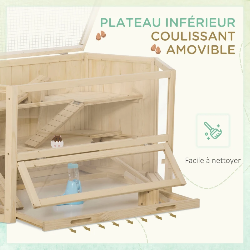 PawHut Cage à hamster à 3 niveaux bascules, fenêtres, cabanes, plateau coulissant, 115 x 60 x 55 cm, effet bois naturel