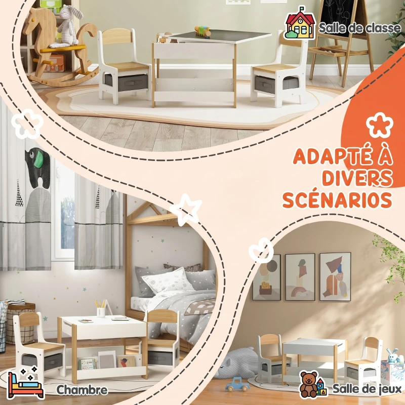 HOMCOM Ensemble 3 pièces table et 2 chaises pour enfant avec plateau réversible tableau noir, panier de rangement, étagères