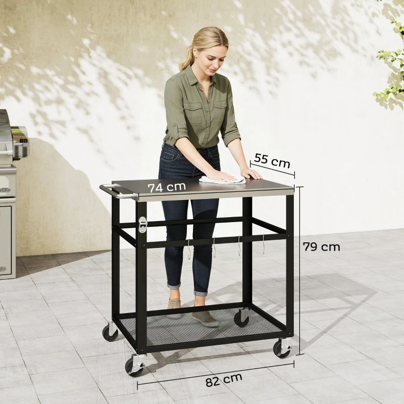 Outsunny Desserte jardin chariot de barbecue sur roulettes plateau en acier inoxydable étagère crochets, 82 x 55 x 79 cm, noir