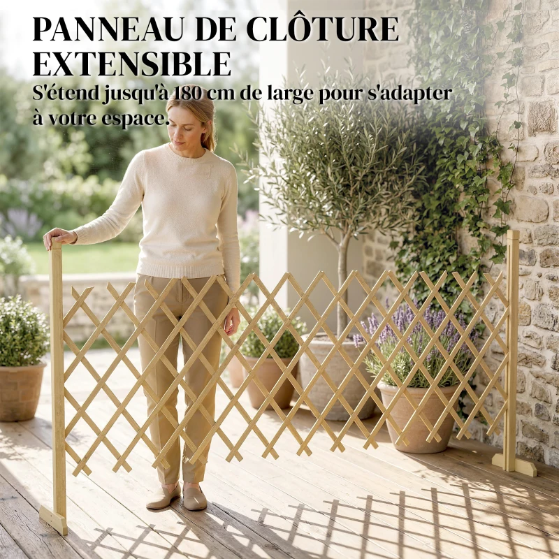 Outsunny Barriere Extensible en Bois de Sapin 180 cm, Base stable, pour Intérieur Extérieur Balcon Jardin, 180x30x90cm, Naturel