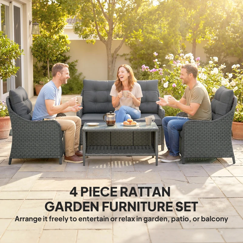 Outsunny 4-Piece Wicker Patio Furniture Set with 2 Armchairs, Loveseat, Glass Coffee Table, Conversation Sofa Set, Dark Grey