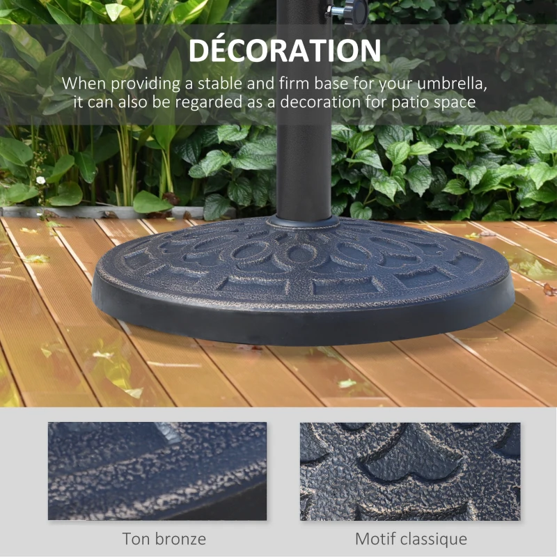 Outsunny Pied de parasol, socle parasol extérieur en résine 12 kg, pour mât de Ø 38/48 mm, Ø 44 x 34H cm, bronze