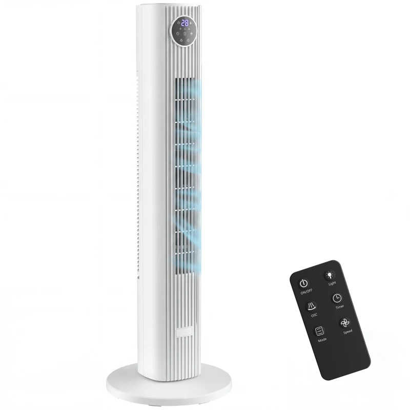 HOMCOM 28dB Tower Fan for Bedroom, 36 inch, 8 m/s Velocity Standing Cooling Fan with 80° Oscillating, BLDC Motor, 12 Speeds, LED Display, 4 Modes, 12H Timer, Remote Control, White