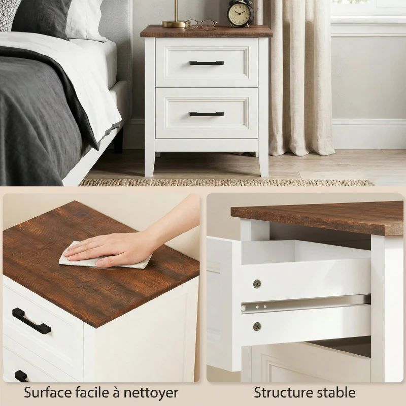 HOMCOM Table de chevet, table de nuit avec 2 tiroirs, plateau effet bois, style rustique, pour chambre à coucher, salon, blanc
