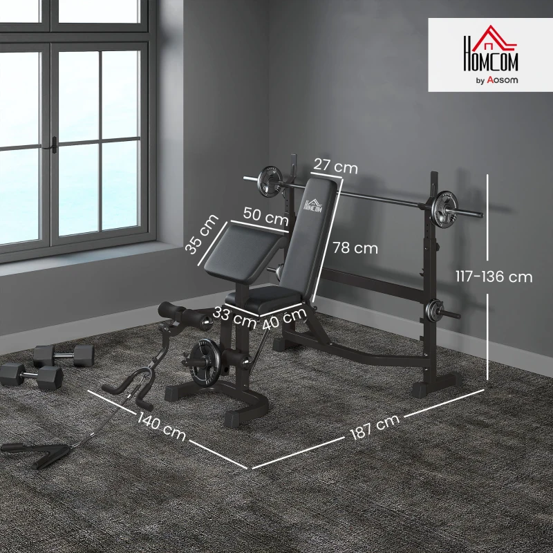 Soozier Bancă pentru Greutăți cu Suport pentru Genuflexiuni, Bancă Olimpică Reglabilă, Multifuncțională cu Pad Curl pentru Brațe, Extensii pentru Picioare, Gri