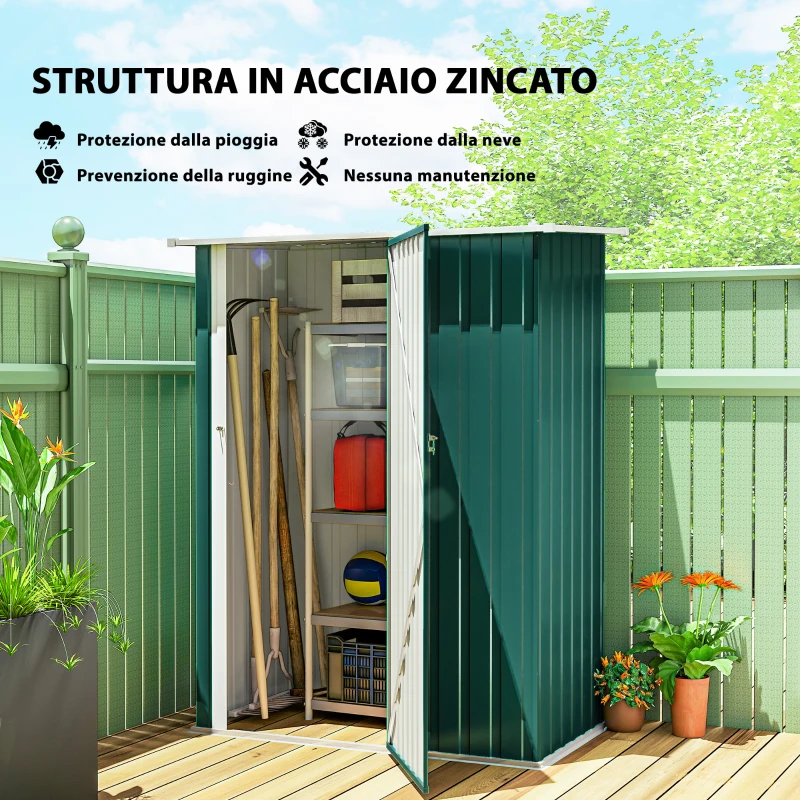 Outsunny Capanno Porta Attrezzi in Metallo con Tetto Inclinato e Porta Bloccabile, 142x86x189 cm, Verde