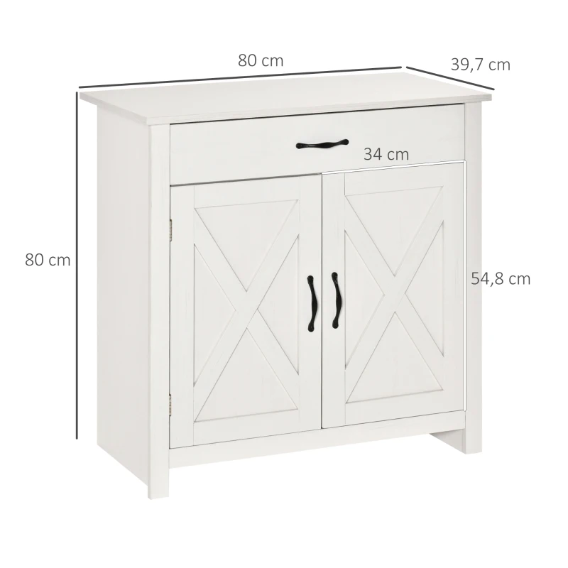 HOMCOM Buffet salon, meuble de rangement avec tiroir, 2 portes de grange et étagère réglable, 80 x 39,7 x 80 cm, blanc