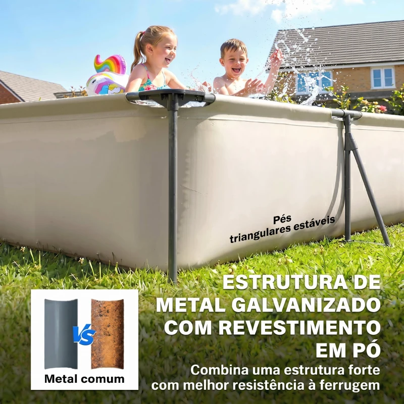 Outsunny Piscina Desmontável Tubular 394,5x208,3x80,5 cm 6075 L Retangular com Estrutura Metálica para 4-6 Pessoas Cinza