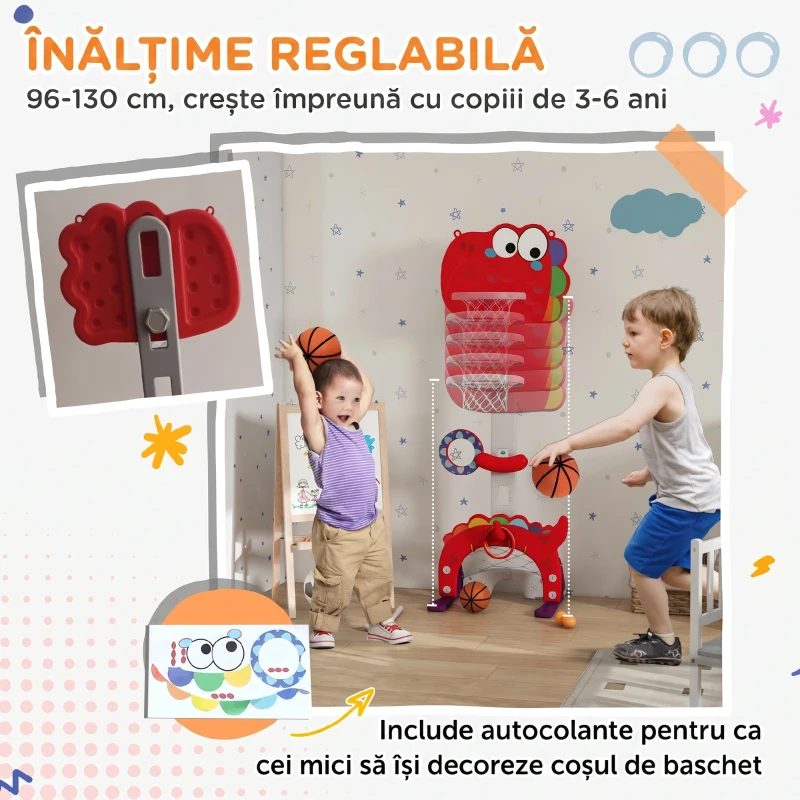 AIYAPLAY Coș de baschet pentru copii 5 în 1 cu înălțime reglabilă, poartă de fotbal și golf, vârsta 3-6 ani, roșu